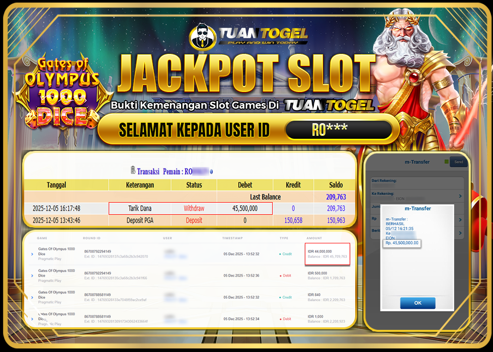 TUANTOGEL JACKPOT SLOT GATES OF OLYMPUS 1000 DICE Rp 45.500.000,- LUNAS